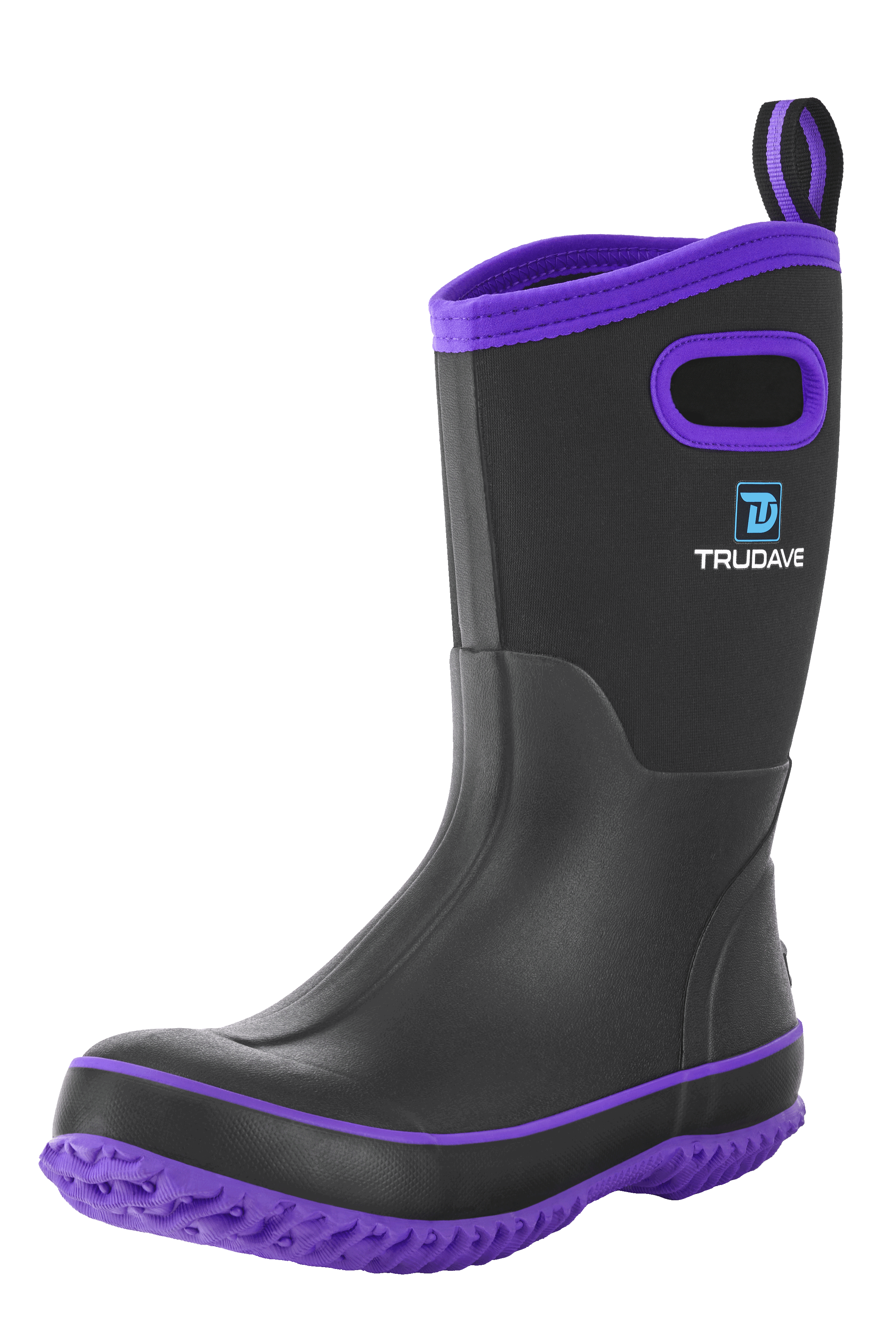 Side view of Trudave BloomBoot Series women’s mid-calf waterproof neoprene garden rain boots in black with purple trim showing durable rubber design and stylish waterproof construction